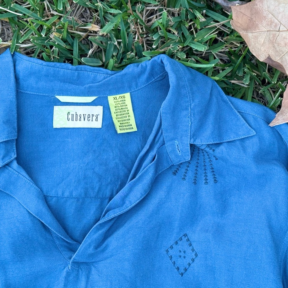Cubavera Blue Embroidered Long sleeve Pullover Shirt